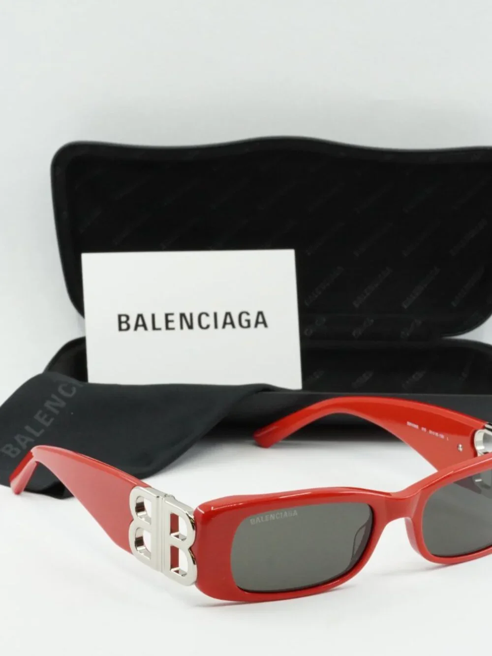 Balenciaga BB0096S 015 Rectangle Sunglasses - Solid Red / Grey
